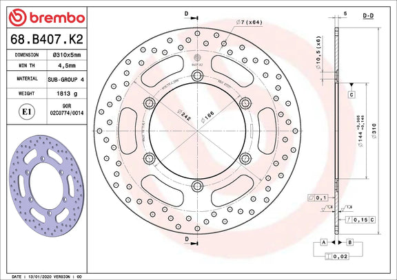 Brembo Serie Oro voorremschijf 310 x 5,0 mm 68B407K2