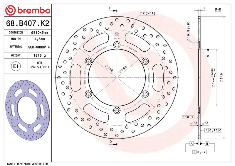 Brembo Serie Oro voorremschijf 310 x 5,0 mm 68B407K2