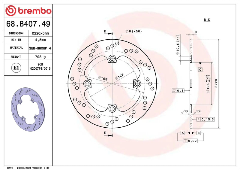 Brembo Serie Oro achterremschijf 220 x 5,0 mm 68B40749