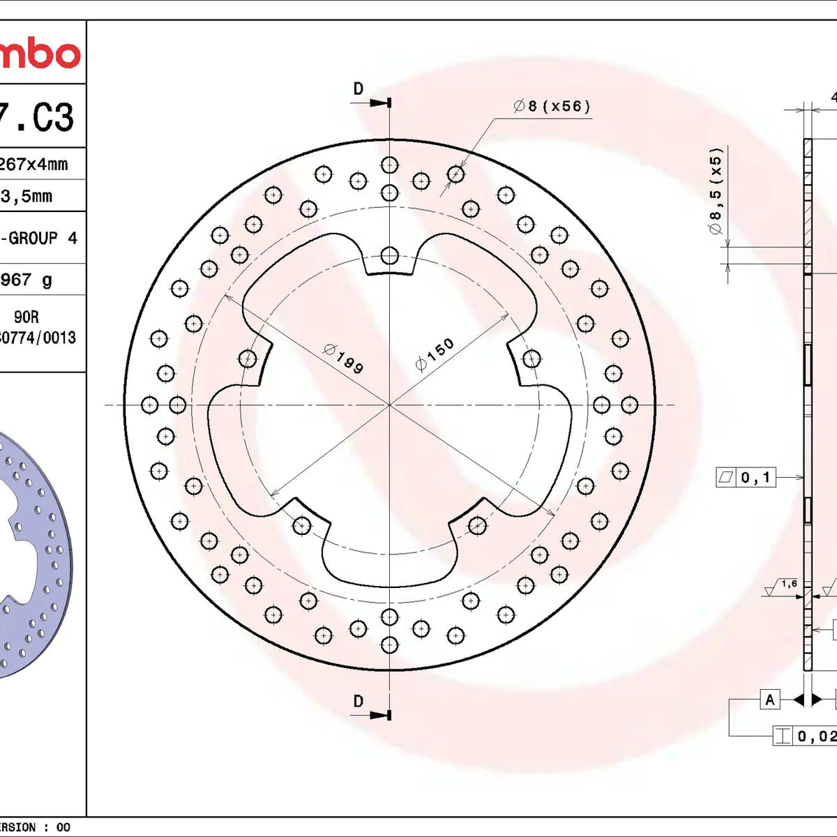 Brembo Serie Oro voorremschijf 267 x 4,0 mm 68B407C3