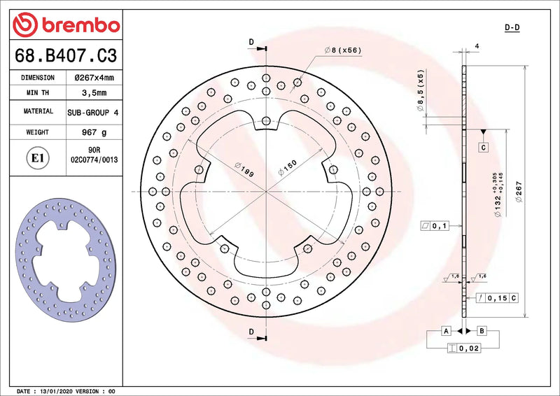 Brembo Serie Oro voorremschijf 267 x 4,0 mm 68B407C3
