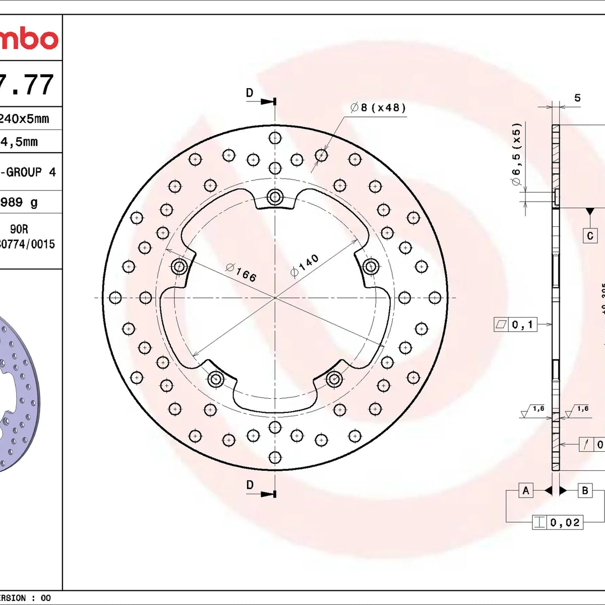 Brembo Serie Oro remschijf 240 x 5,0 mm 68B40777