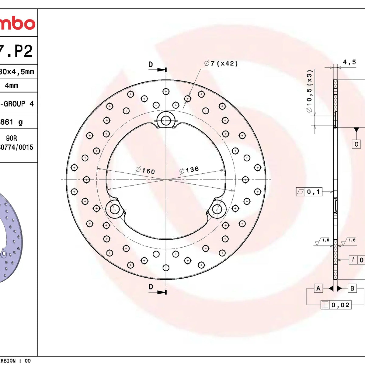 Brembo Serie Oro achterremschijf 230 x 4,5 mm 68B407P2