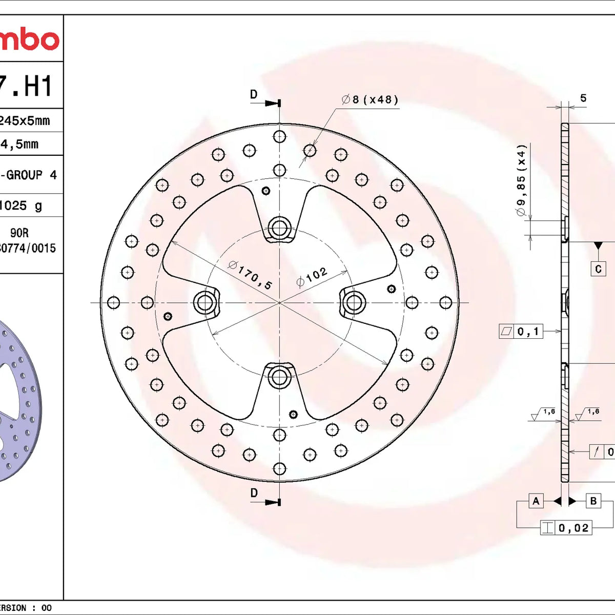 Brembo Serie Oro achterremschijf 245 x 5,0 mm Ducati 68B407H1