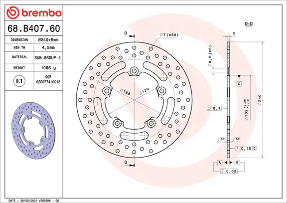 Brembo Serie Oro achterremschijf 240 x 5,0 mm Aprilia Caponord 1200 2015-2016