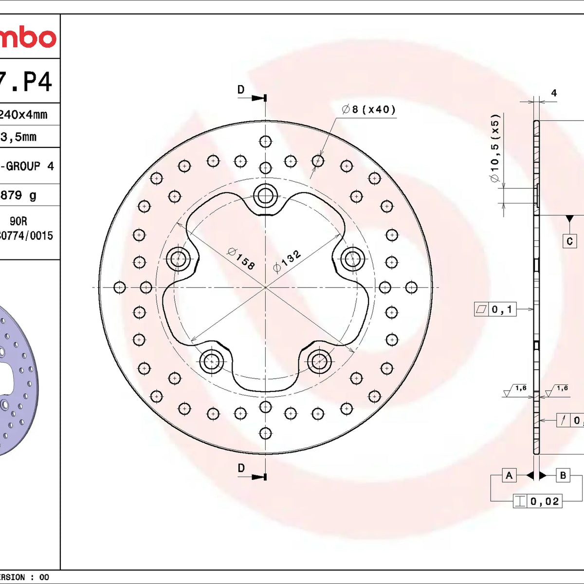 Brembo Serie Oro achterremschijf 240 x 4,0 mm 68B407P4