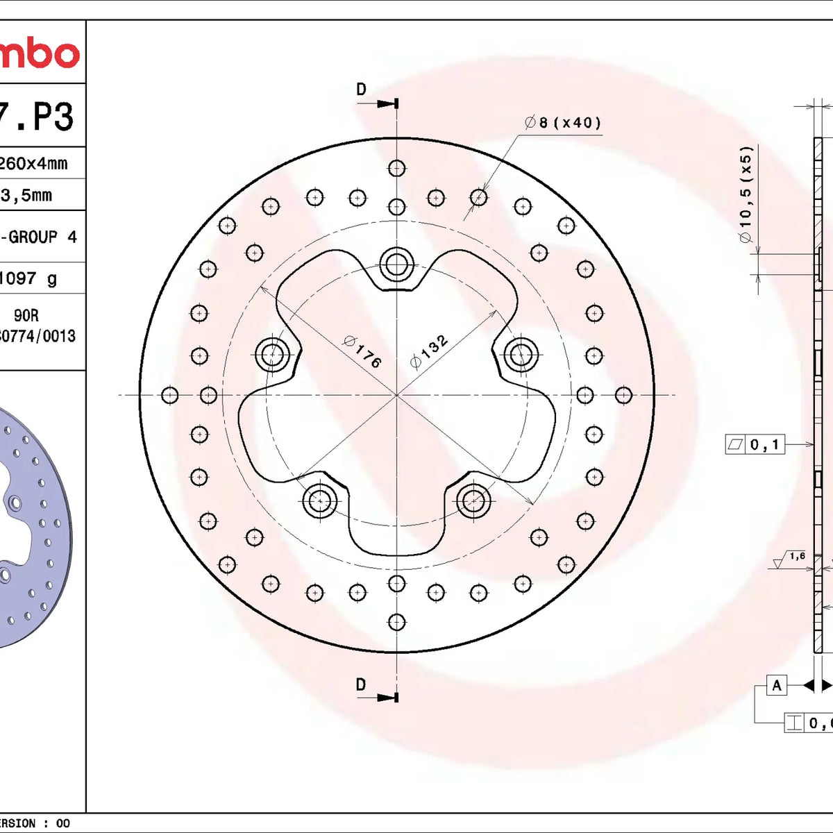 Brembo Serie Oro voorremschijf 260 x 4,0 mm 68B407P3