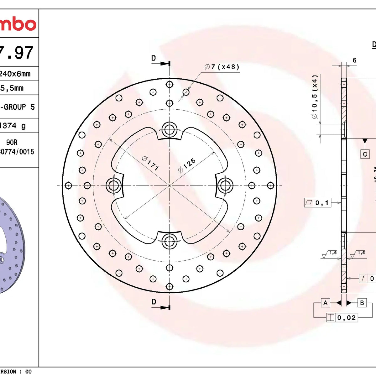 Brembo Serie Oro achterremschijf 240 x 6,0 mm 68B40797