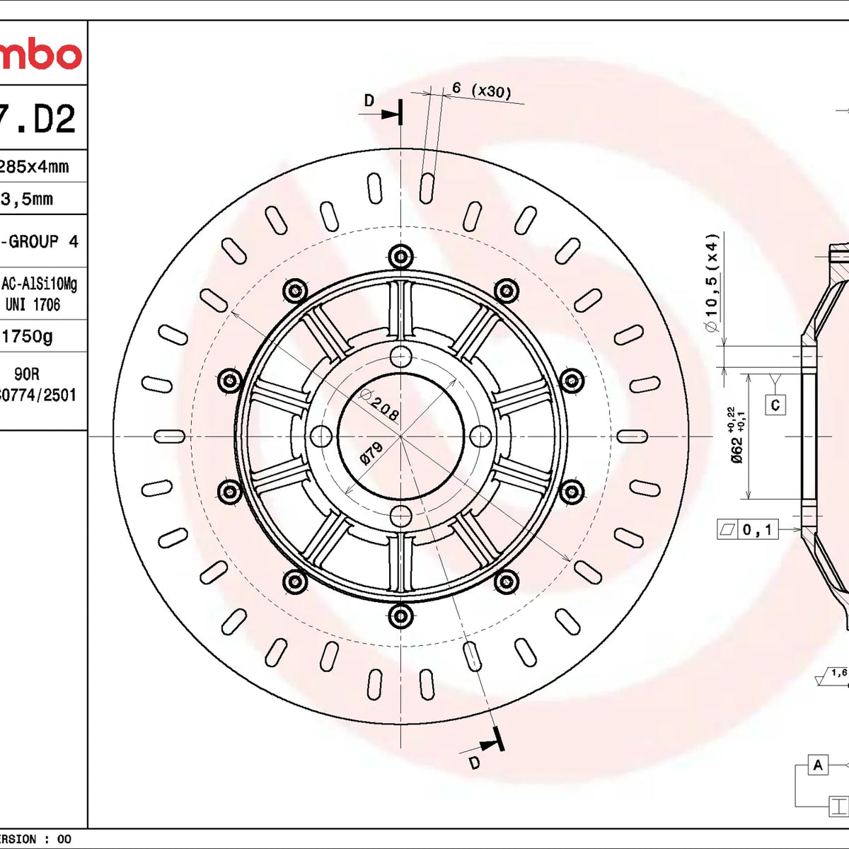 Brembo Serie Oro voorremschijf 285 x 4,0 mm BMW 68B407D2