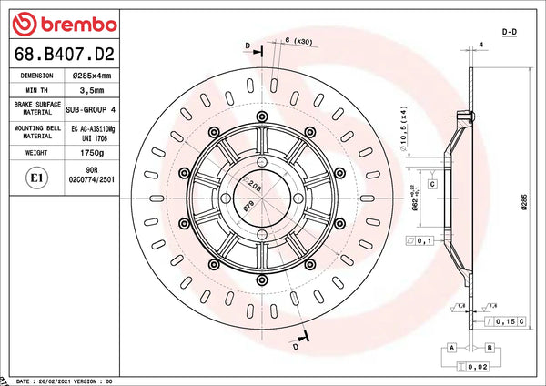 Brembo Serie Oro Bremsscheibe vorne 285 x 4,0 mm BMW 68B407D2