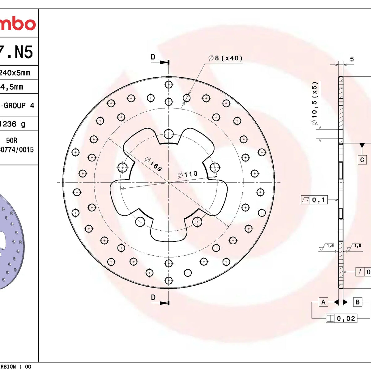 Brembo Serie Oro achterremschijf 240 x 5,0 mm Kymco Downtown 300I 2010-2012