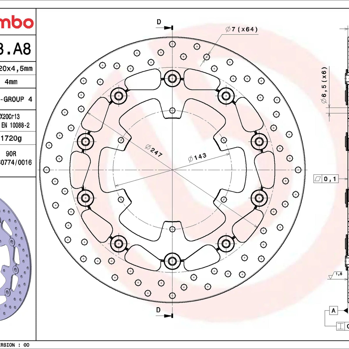 Brembo Serie Oro voorremschijf 320 x 4,5 mm Husqvarna 701 Supermoto 2016-2021