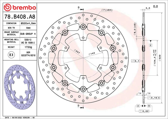 Brembo Serie Oro voorremschijf 320 x 4,5 mm Husqvarna 701 Supermoto 2016-2021