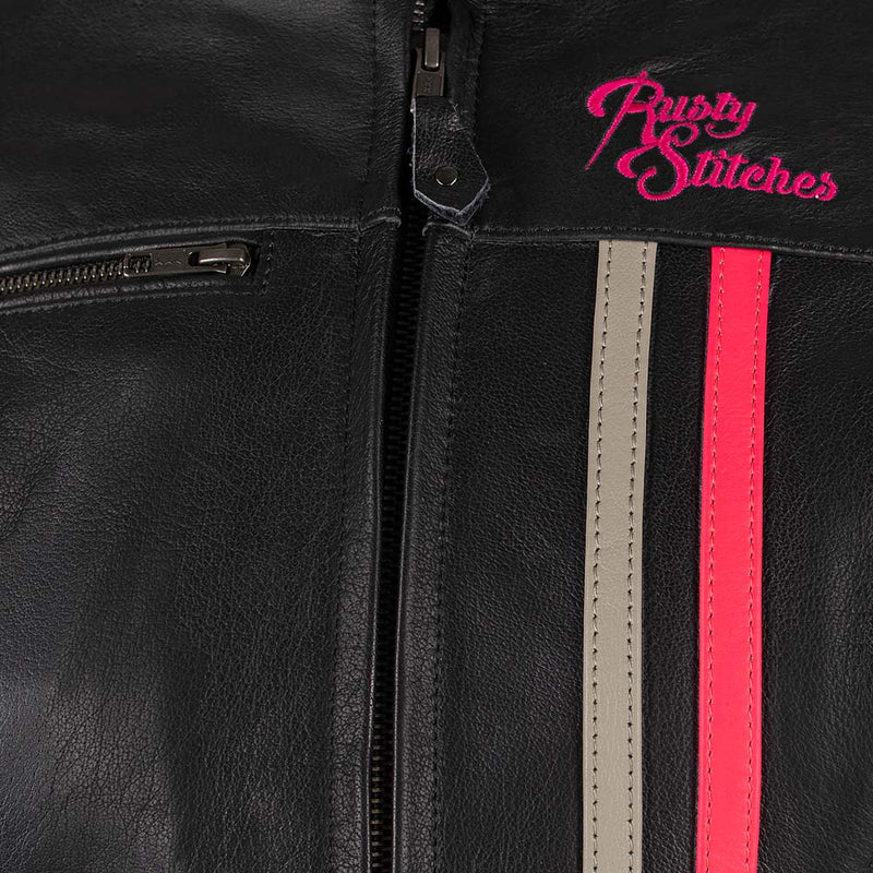 Rusty Stitches Alice Ladies Leather Motorcycle Jacket Retro AA Protection Black Pink Fluo