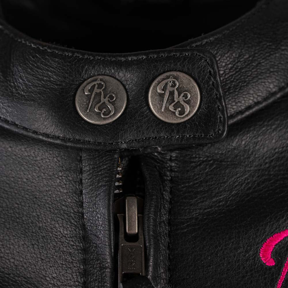 Rusty Stitches Alice Ladies Leather Motorcycle Jacket Retro AA Protection Black Pink Fluo