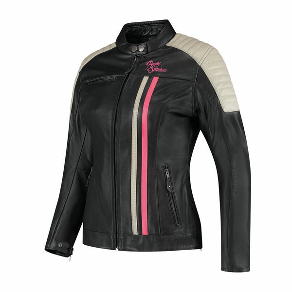 Rusty Stitches Alice Dames Leren Motorjas Retro AA Protectie Black Pink Fluo