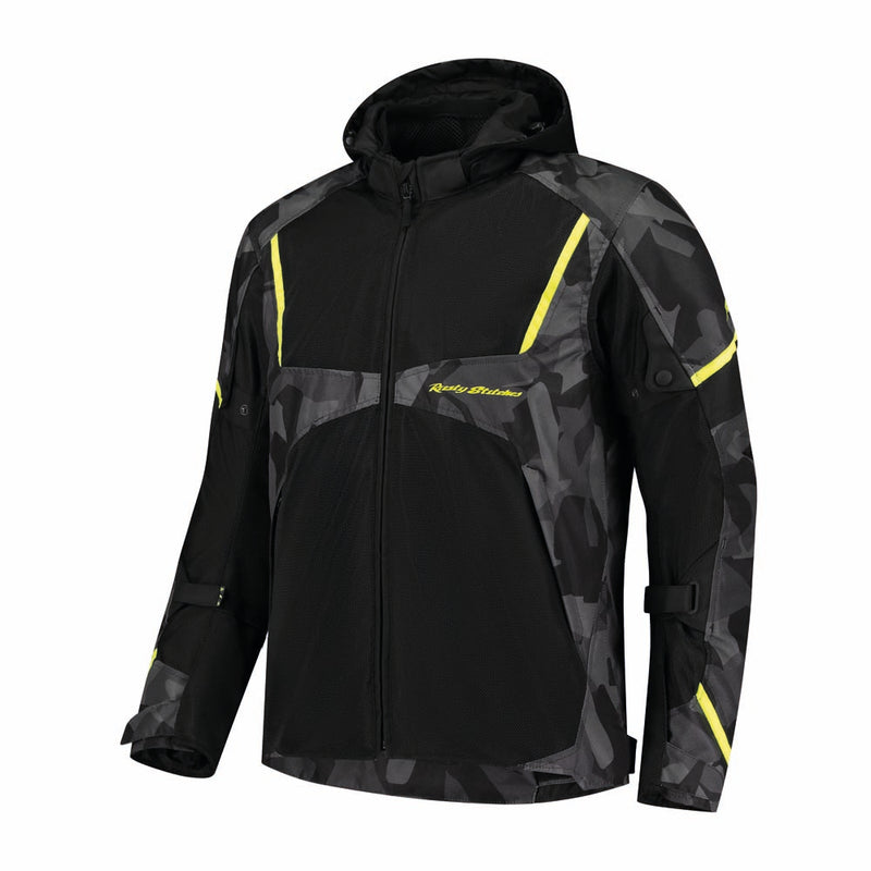 Rusty Stitches Carlo Motorcycle Jacket Mesh Summer with Rain Jacket AA Protection Black Camo Yellow Fluo