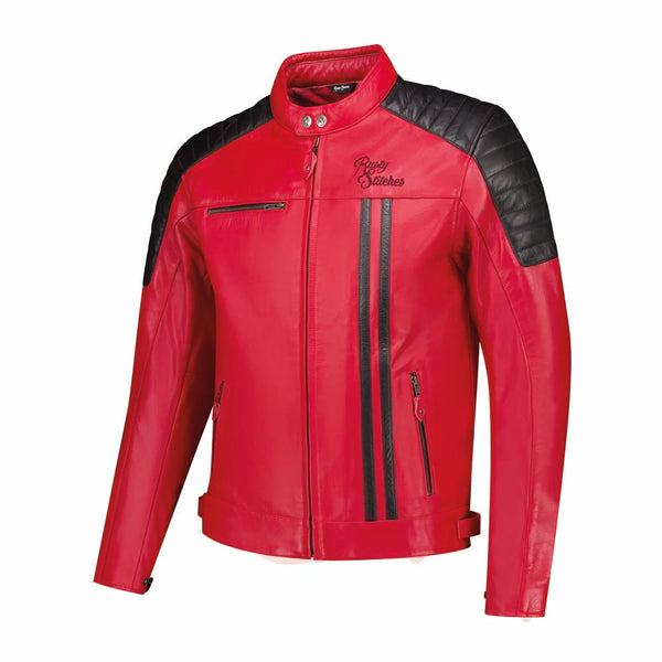 Rusty Stitches Cooper Leren Motorjas AA Retro Rood Zwart Met Protectie