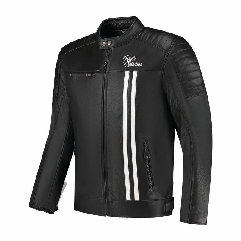 Rusty Stitches Cooper Leather Motorcycle Jacket AA Retro Black White With Protection