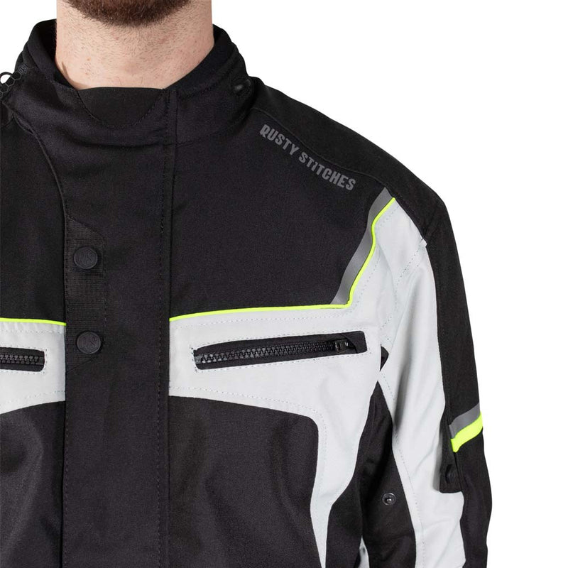 Rusty Stitches Luke Motorcycle Jacket Black Yellow Fluo Waterproof AA All Season With Protection