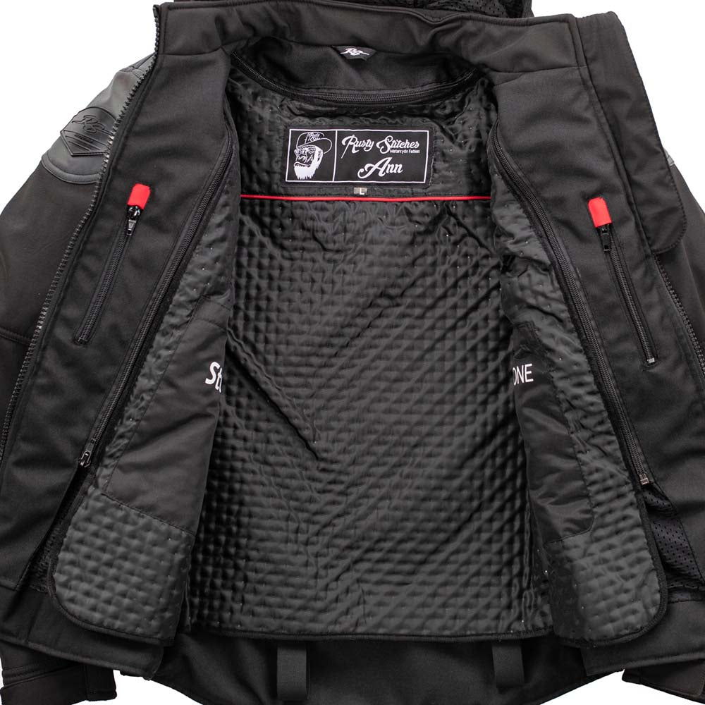Rusty Stitches Super Ann Ladies Motorcycle Jacket Reflective Softshell Black CE A