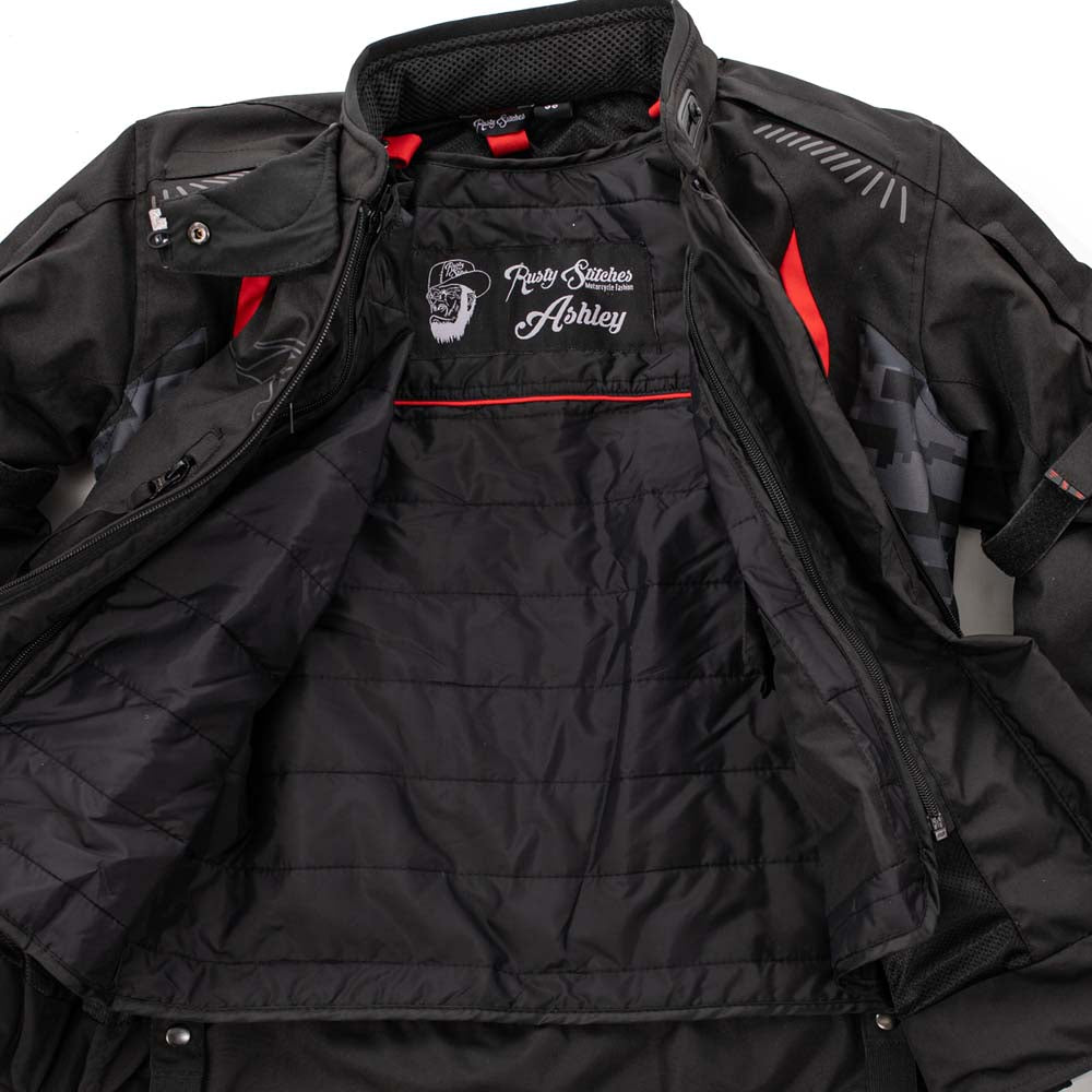 Rusty Stitches Ashley Motorcycle Jacket Waterproof AA Protection Black Pixel Red