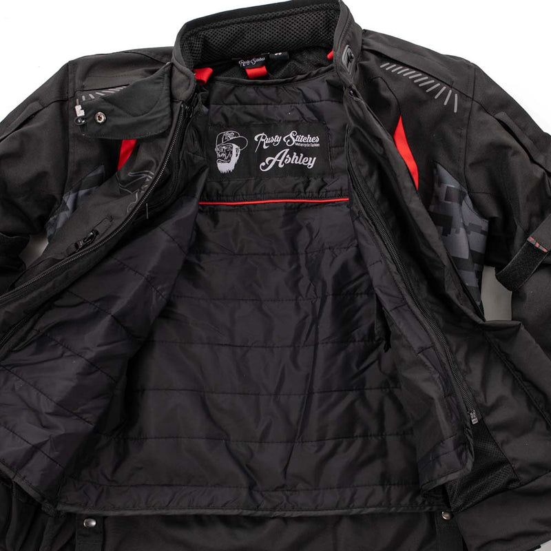Rusty Stitches Ashley Motorcycle Jacket Waterproof AA Protection Black Pixel Red