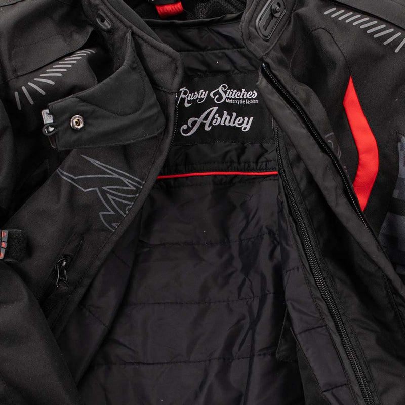 Rusty Stitches Ashley Motorcycle Jacket Waterproof AA Protection Black Pixel Red