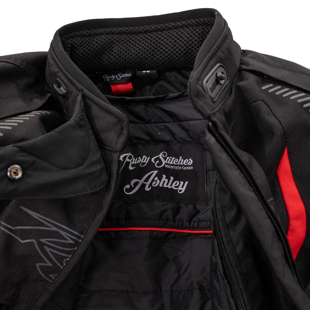 Rusty Stitches Ashley Motorcycle Jacket Waterproof AA Protection Black Pixel Red