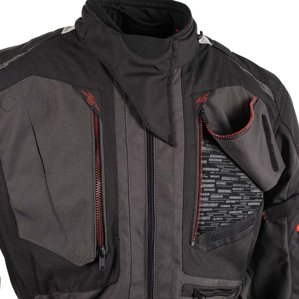Rusty Stitches Cliff Adventure Motorcycle Jacket Waterproof AA Protection Black Grey Red