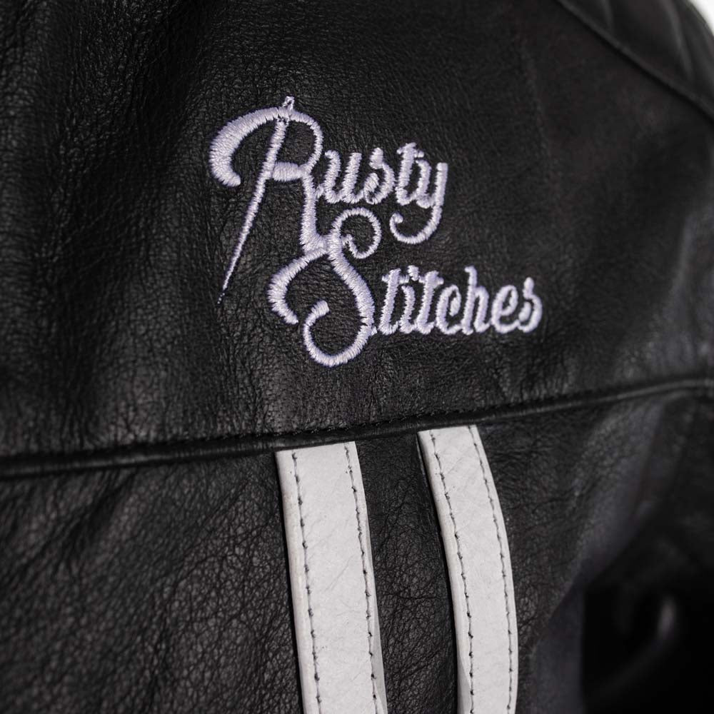 Rusty Stitches Cooper Leather Motorcycle Jacket AA Retro Black White With Protection