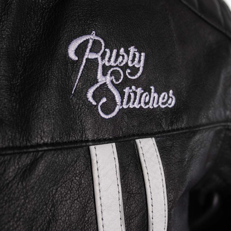 Rusty Stitches Cooper Leather Motorcycle Jacket AA Retro Black White With Protection