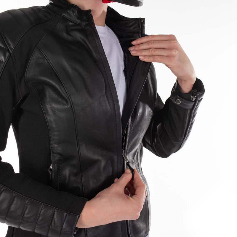 Rusty Stitches Donna Ladies Leather Motorcycle Jacket AA Protection Black Stretch