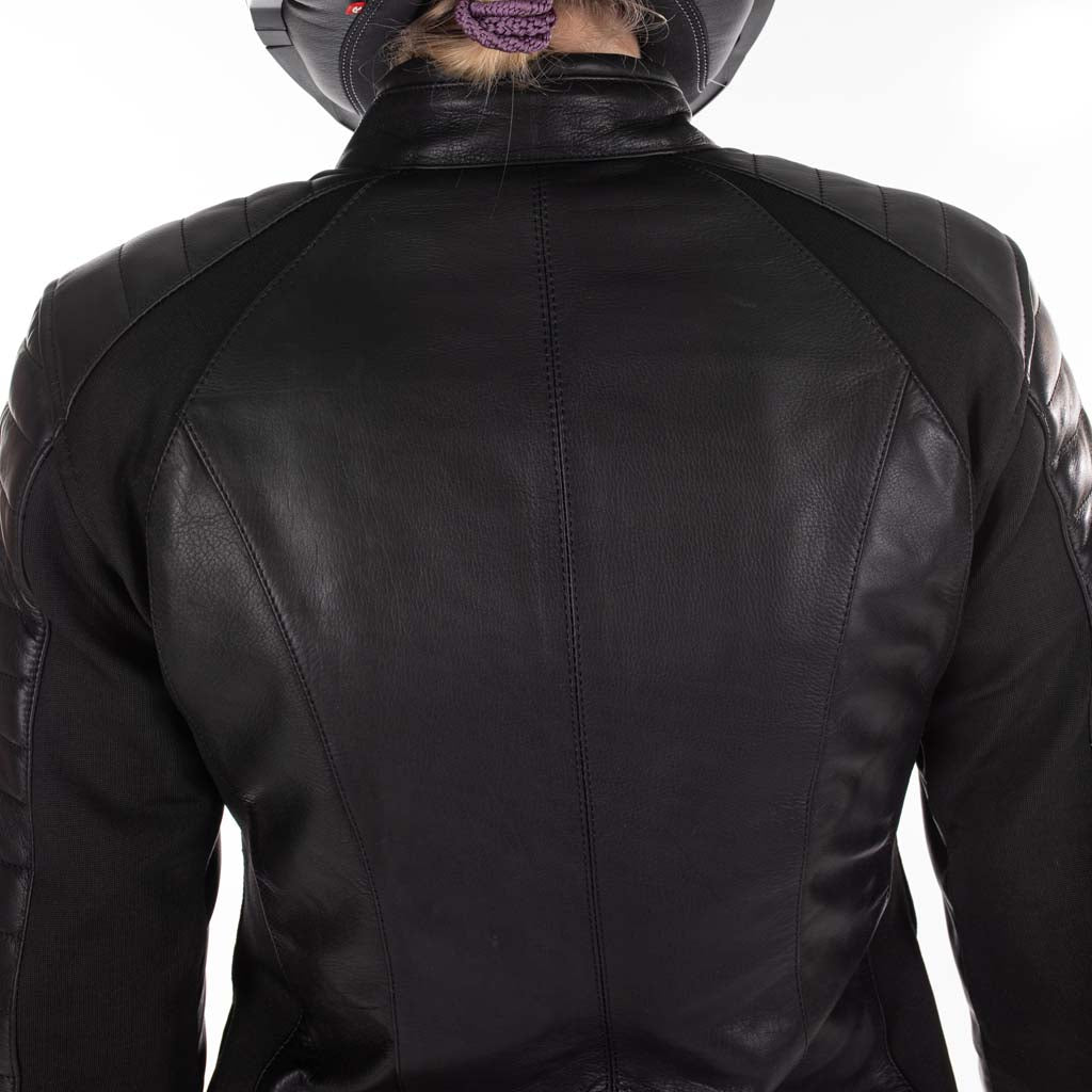 Rusty Stitches Donna Ladies Leather Motorcycle Jacket AA Protection Black Stretch