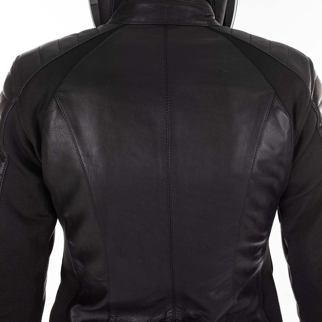 Rusty Stitches Donna Ladies Leather Motorcycle Jacket AA Protection Black Stretch