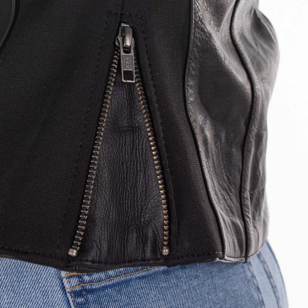 Rusty Stitches Donna Ladies Leather Motorcycle Jacket AA Protection Black Stretch
