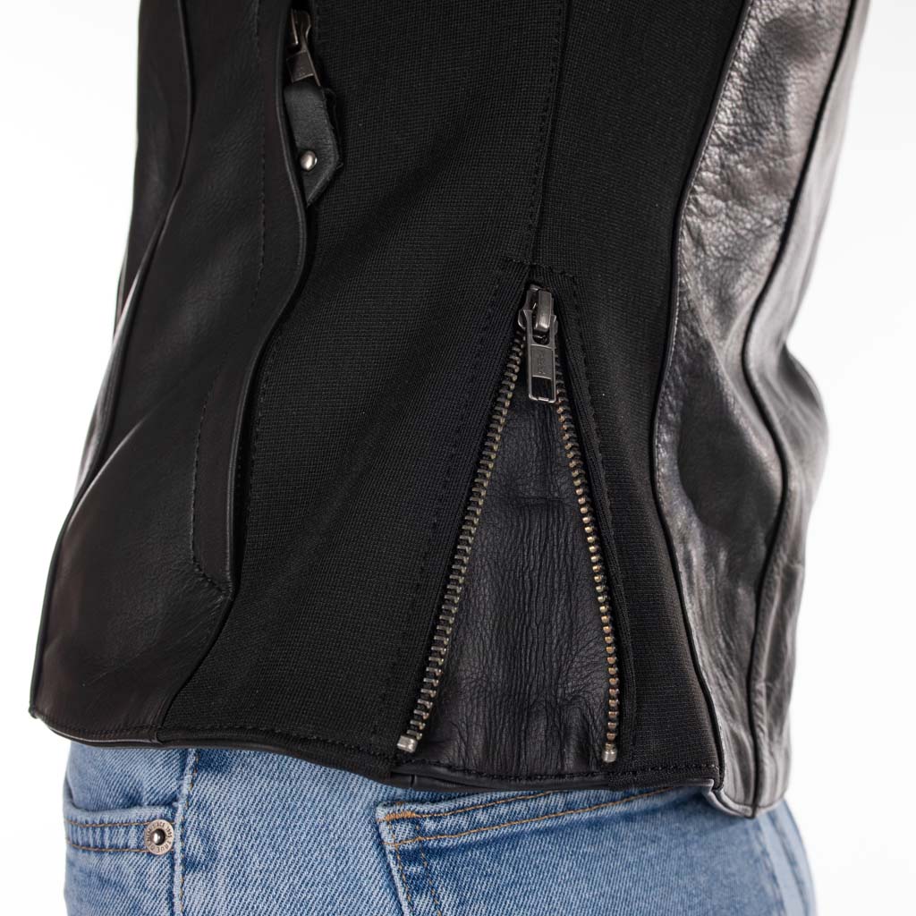 Rusty Stitches Donna Ladies Leather Motorcycle Jacket AA Protection Black Stretch