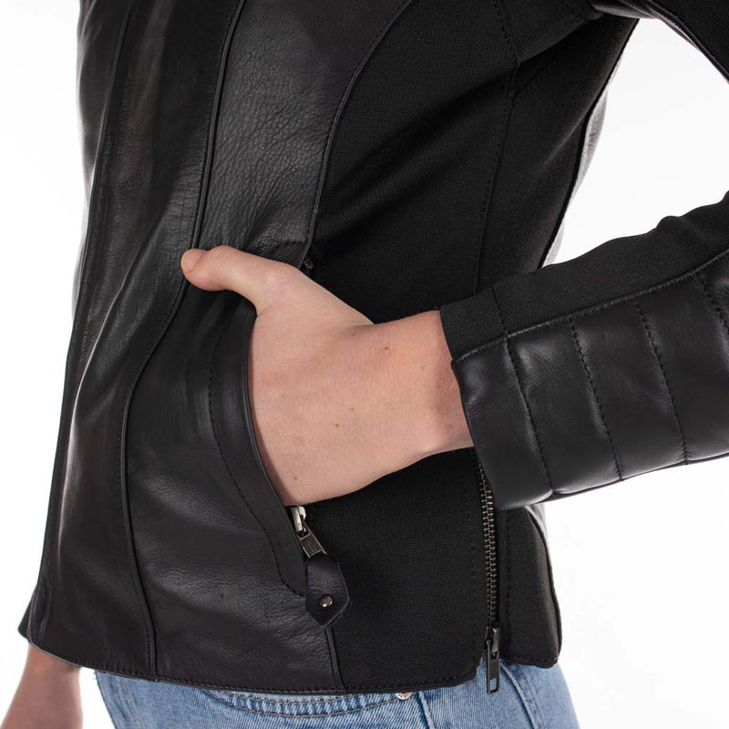 Rusty Stitches Donna Ladies Leather Motorcycle Jacket AA Protection Black Stretch