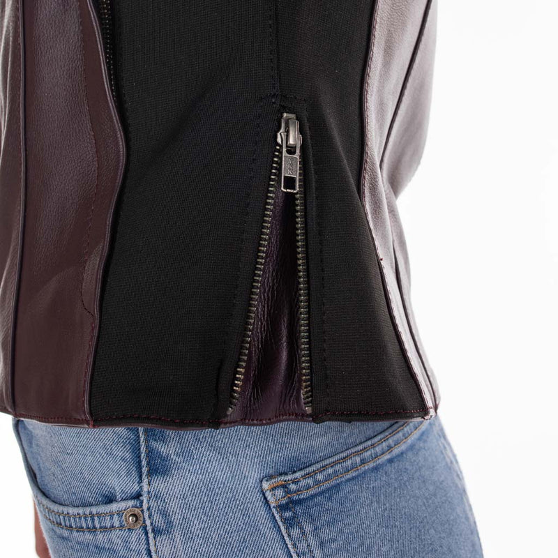Rusty Stitches Donna Ladies Leather Motorcycle Jacket AA Protection Aubergine Stretch