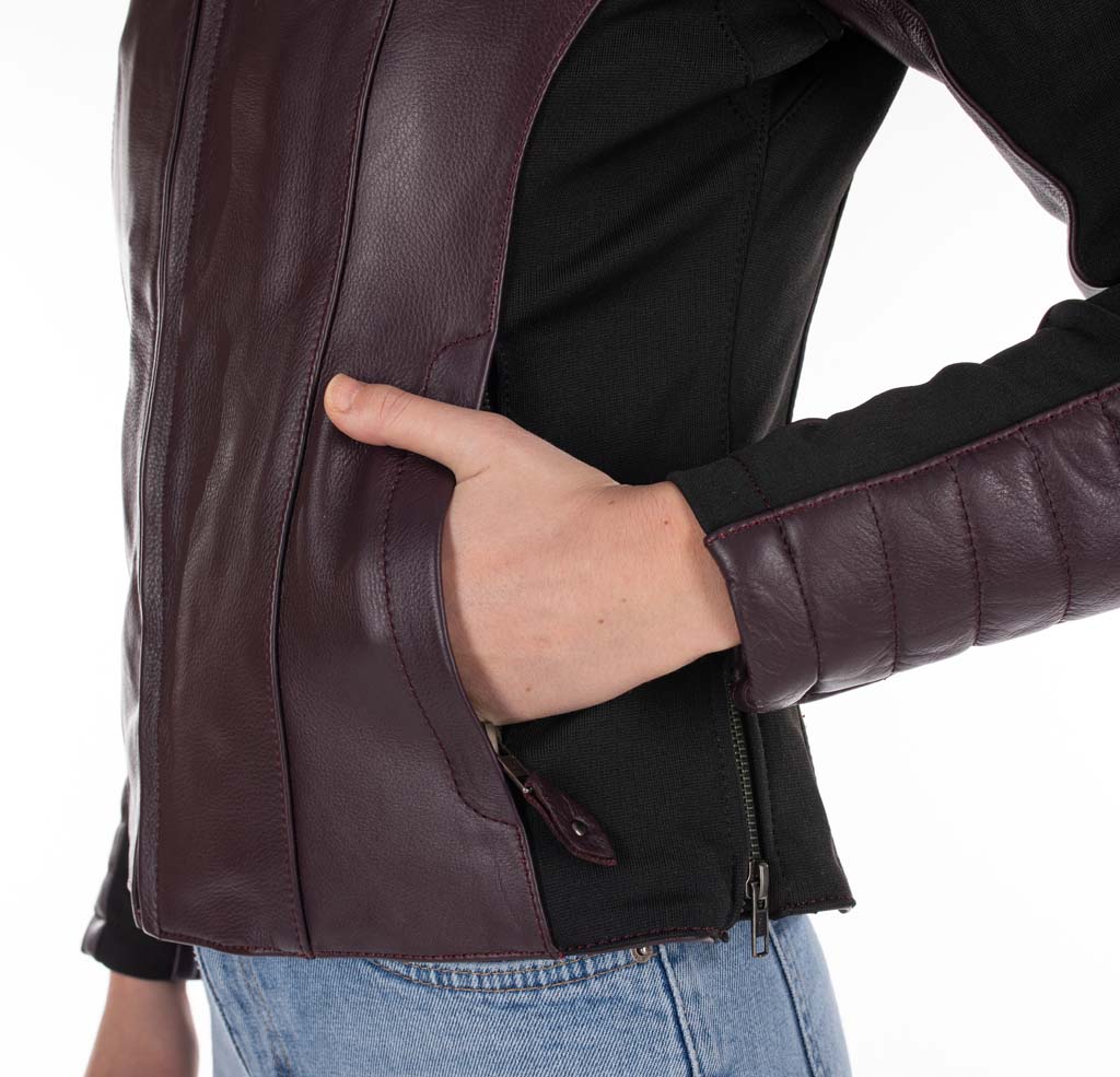 Rusty Stitches Donna Ladies Leather Motorcycle Jacket AA Protection Aubergine Stretch