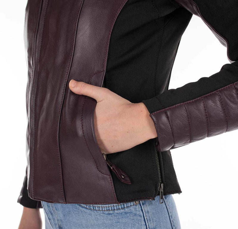 Rusty Stitches Donna Ladies Leather Motorcycle Jacket AA Protection Aubergine Stretch