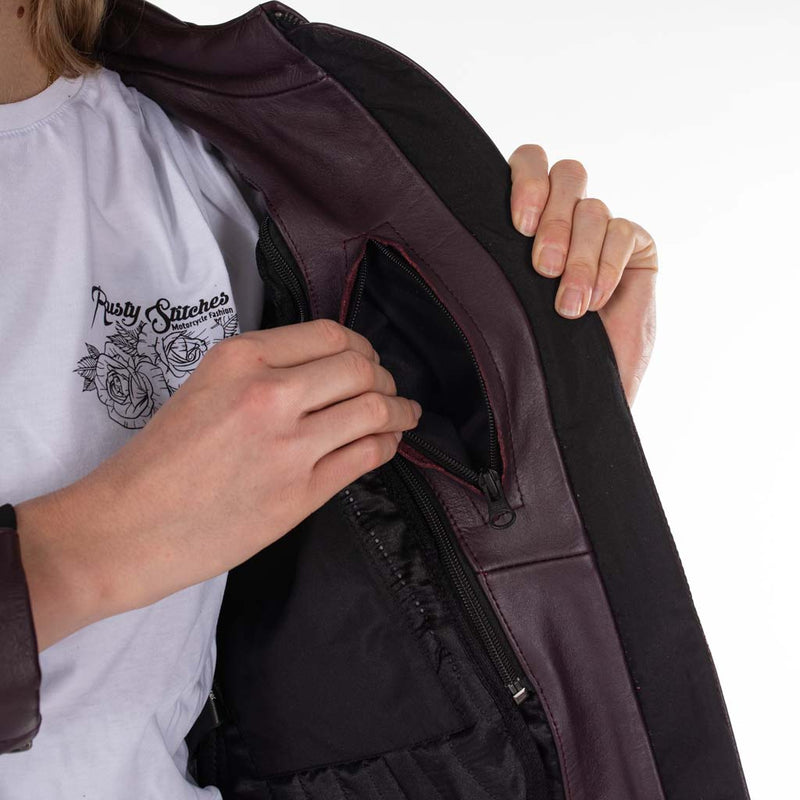 Rusty Stitches Donna Ladies Leather Motorcycle Jacket AA Protection Aubergine Stretch