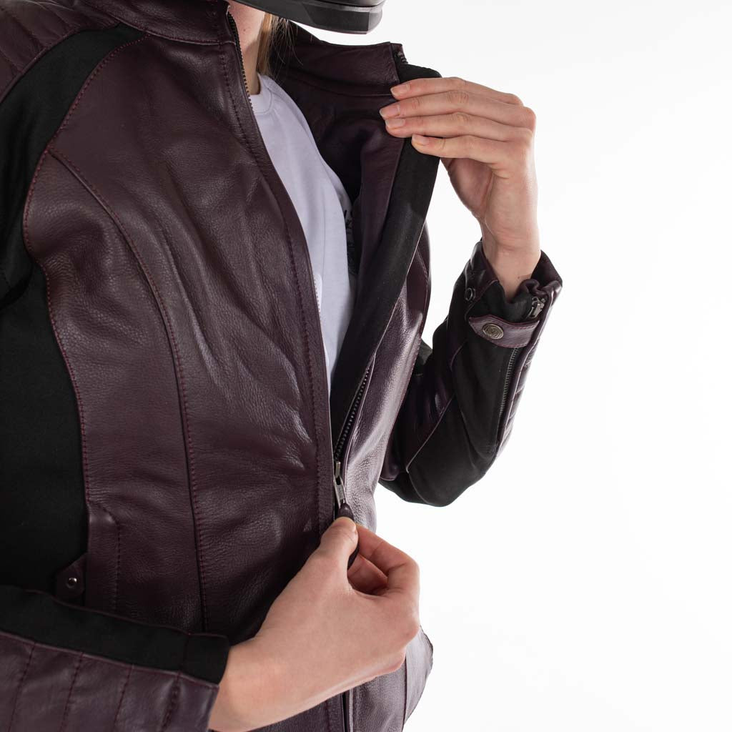 Rusty Stitches Donna Ladies Leather Motorcycle Jacket AA Protection Aubergine Stretch
