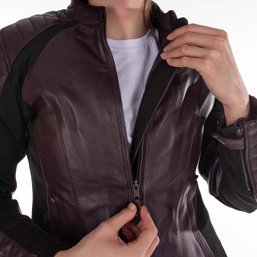 Rusty Stitches Donna Ladies Leather Motorcycle Jacket AA Protection Aubergine Stretch