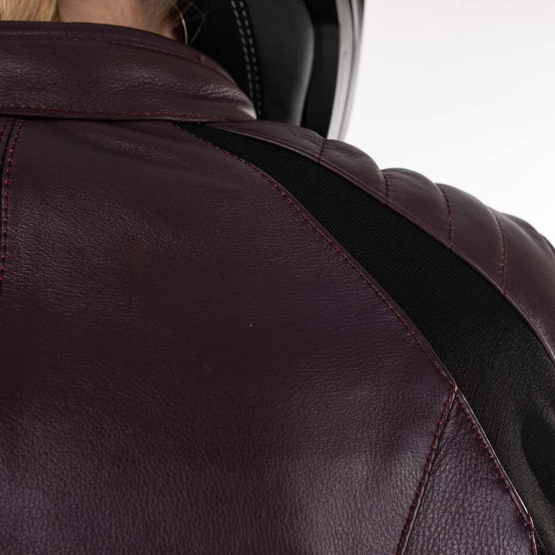 Rusty Stitches Donna Ladies Leather Motorcycle Jacket AA Protection Aubergine Stretch