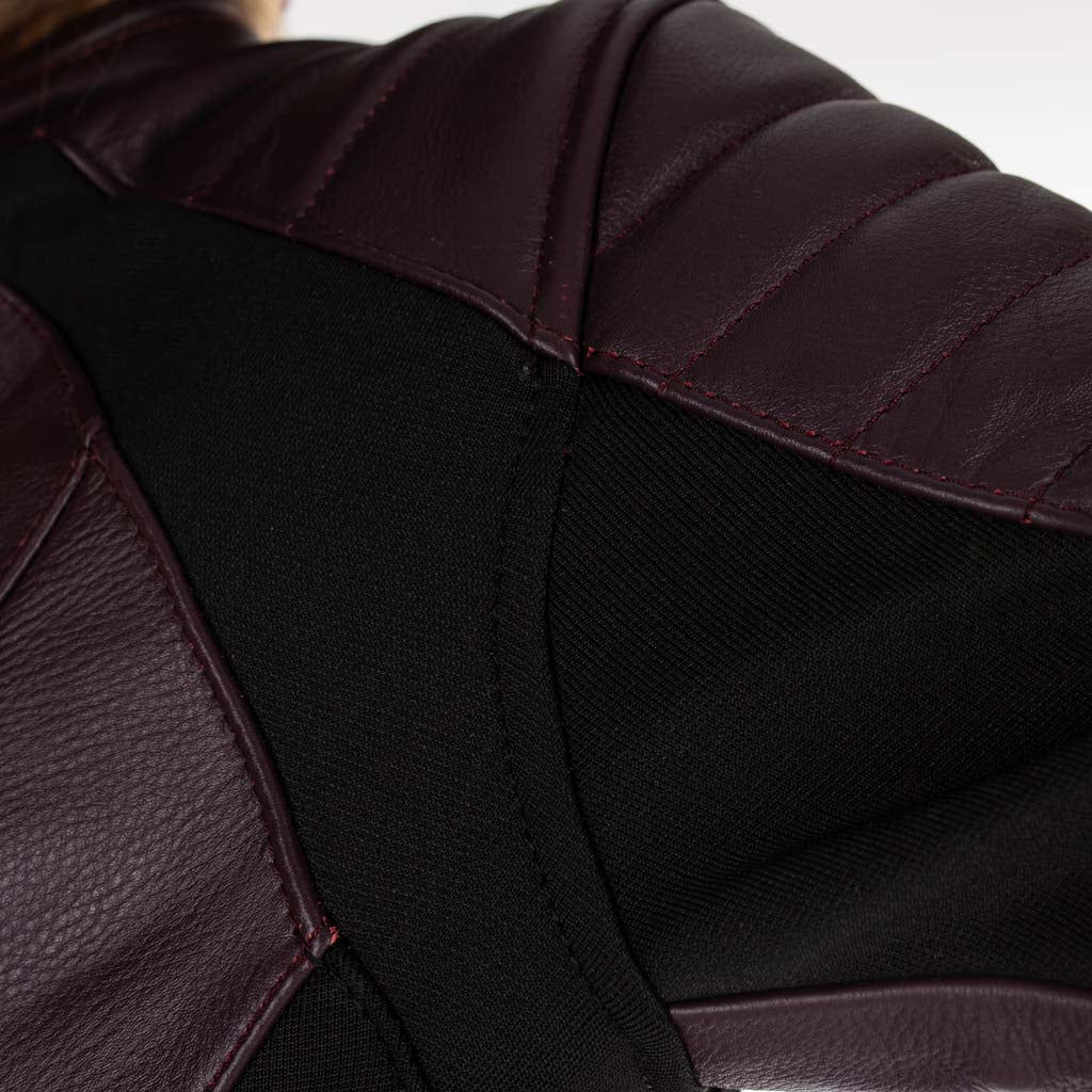 Rusty Stitches Donna Ladies Leather Motorcycle Jacket AA Protection Aubergine Stretch