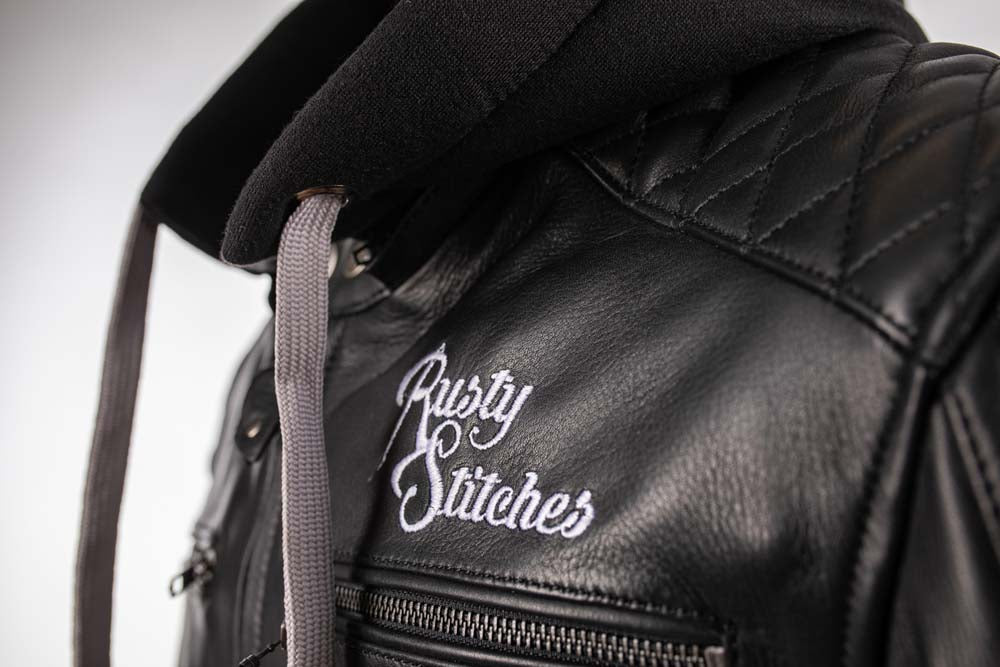Rusty Stitches Jari Hooded V2 Leather Motorcycle Jacket AA Protection Black White