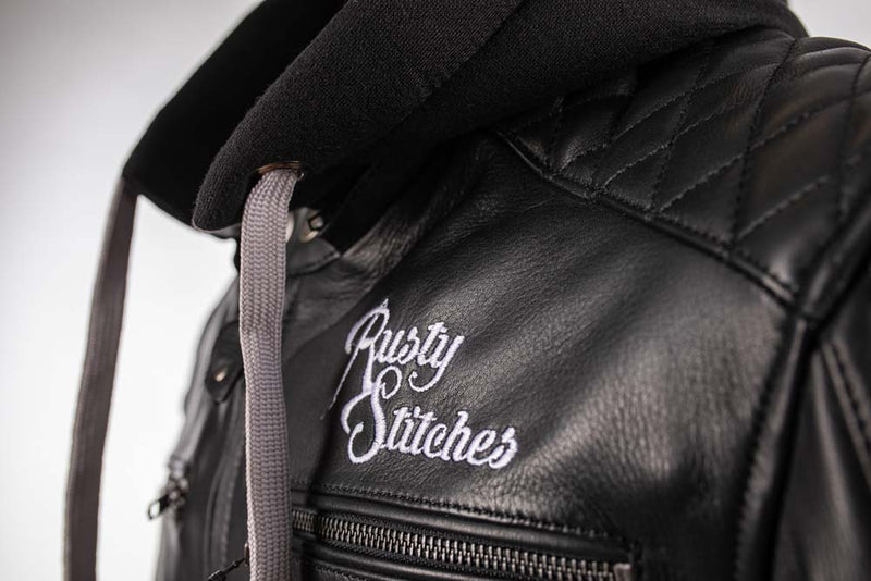 Rusty Stitches Jari Hooded V2 Leather Motorcycle Jacket AA Protection Black White