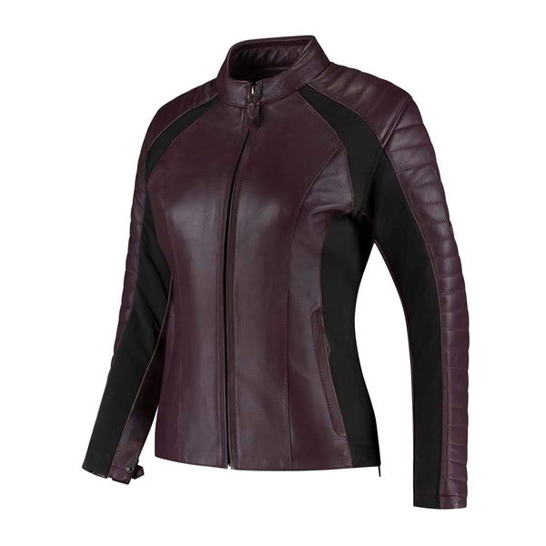 Rusty Stitches Donna Damen Leder Motorradjacke AA Schutz Aubergine Stretch