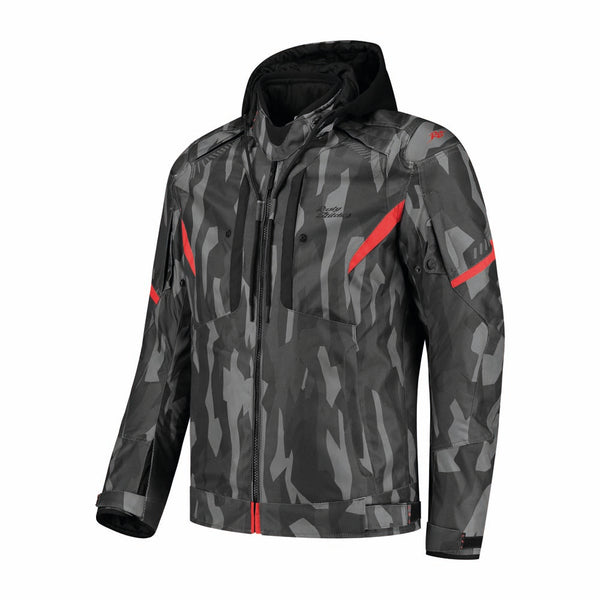 Rusty Stitches Dylan Motorradjacke Wasserdicht AA Schutz Schwarz Camo Rot